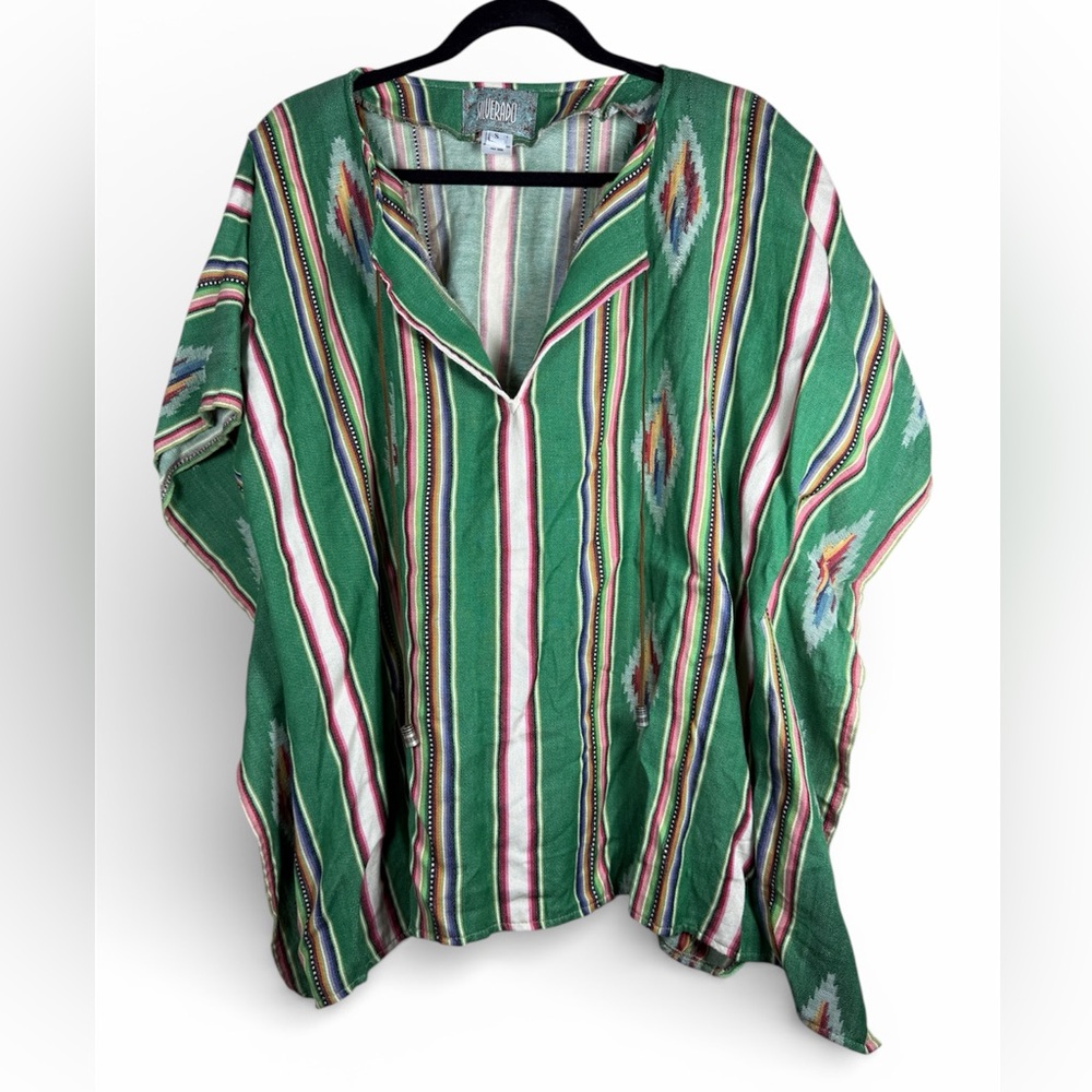 Silverado Serape Cotton Poncho Leather Neck Tie Western Southwestern Native